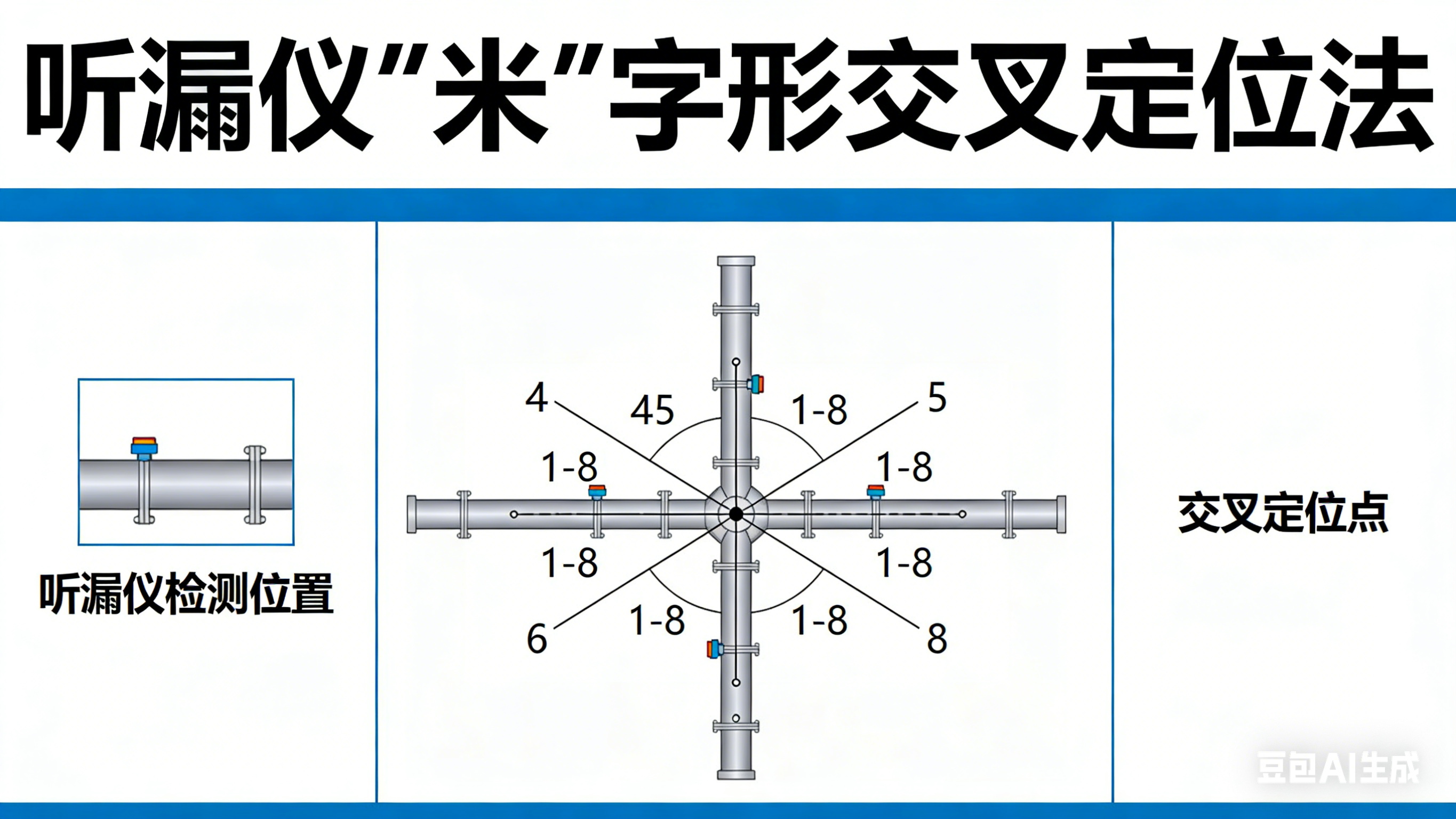 听漏仪“米”字形交叉定位法：地下漏点的精
