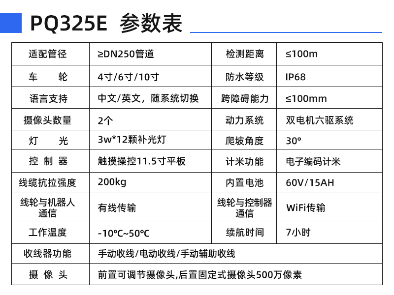 普奇PQ325E管道检测机器⼈产品参数